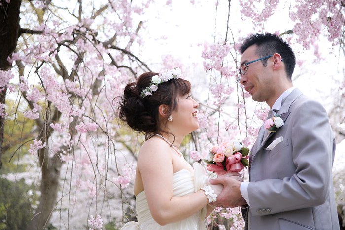 結婚式前撮り京都 ドレスで桜のシーズン撮影